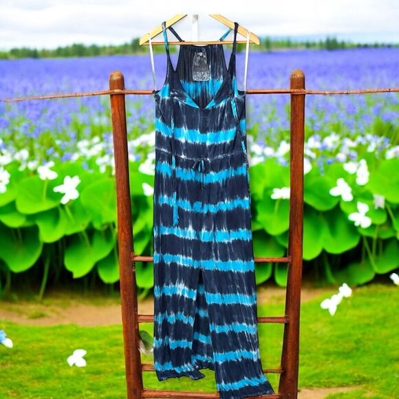 Young Fabulous & Broke Navy and Teal maxi Dress braided straps front slit - Picture 1 of 6